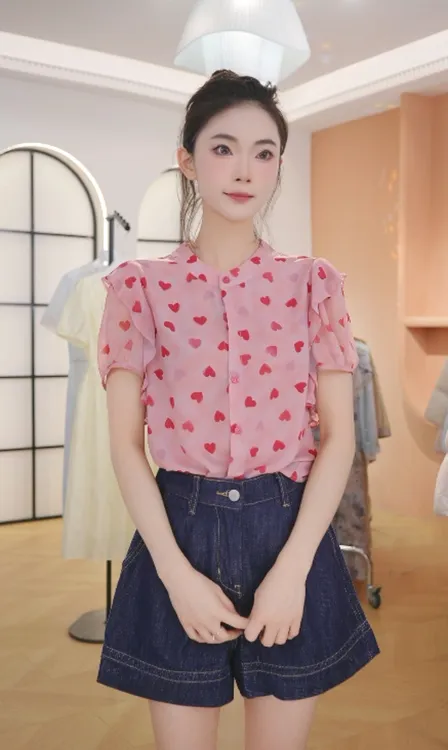 F2989夏季新款法式粉色减龄爱心小衫上衣女款