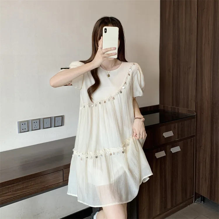 亮片甜美泡泡袖宽松遮肚显瘦A字裙连衣裙女夏季新款大码裙子2025