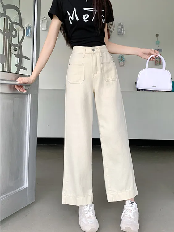 美式复古阔腿牛仔裤女2025年夏季新款高腰杏色宽松胖mm直筒九分裤