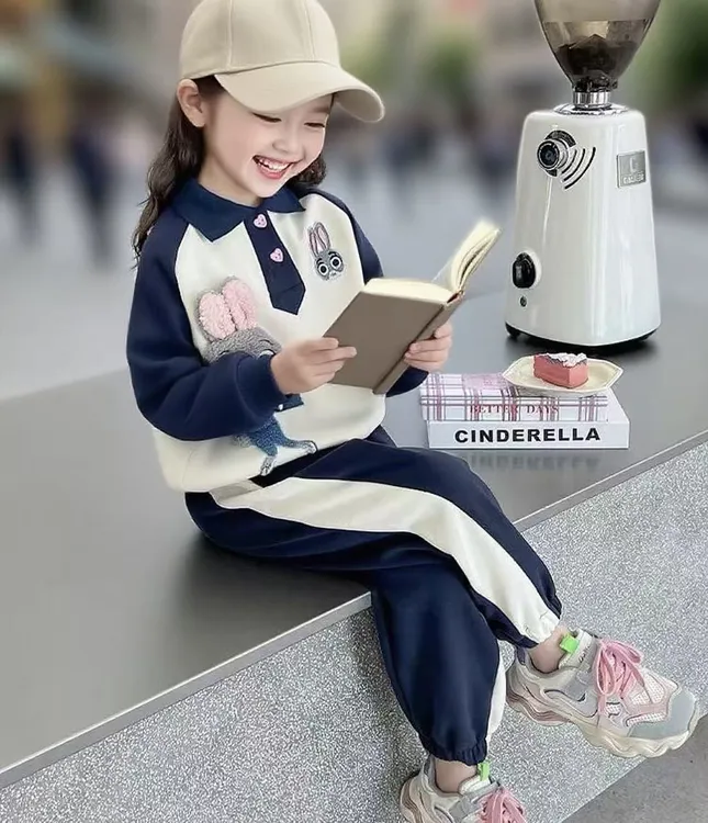 2025秋季新款女童polo衫套装儿童韩版兔子警官卫衣卫裤翻领两件套