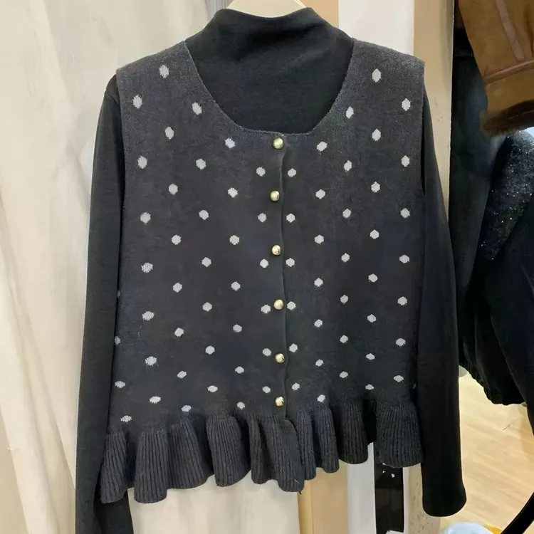 大码女装荷叶边波点针织马甲套装2025冬季胖mm打底衫巨显瘦两件套