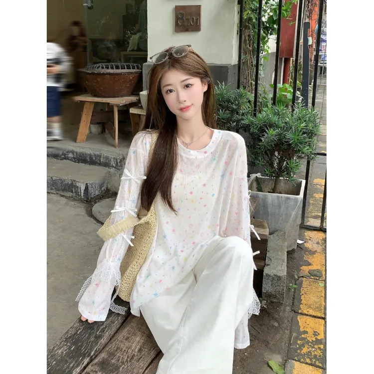 多巴胺星星防晒长袖t恤女夏季2025新款宽松蝴蝶结设计感小众上衣