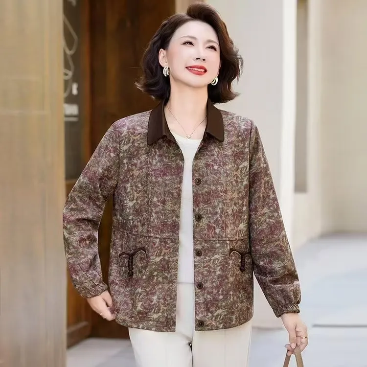 835#时尚妈妈装秋季爆款翻领拼色碎花洋气外套(XL~5XL 90~165斤)