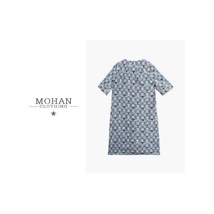 CLOTHING/墨含高奢时尚圆领气质优雅满印印花设计师连衣裙WU52-1