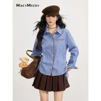 【毛毛专属】MacyMccoy系带拼接格子衬衫百搭款miu系设计感蓝格上衣