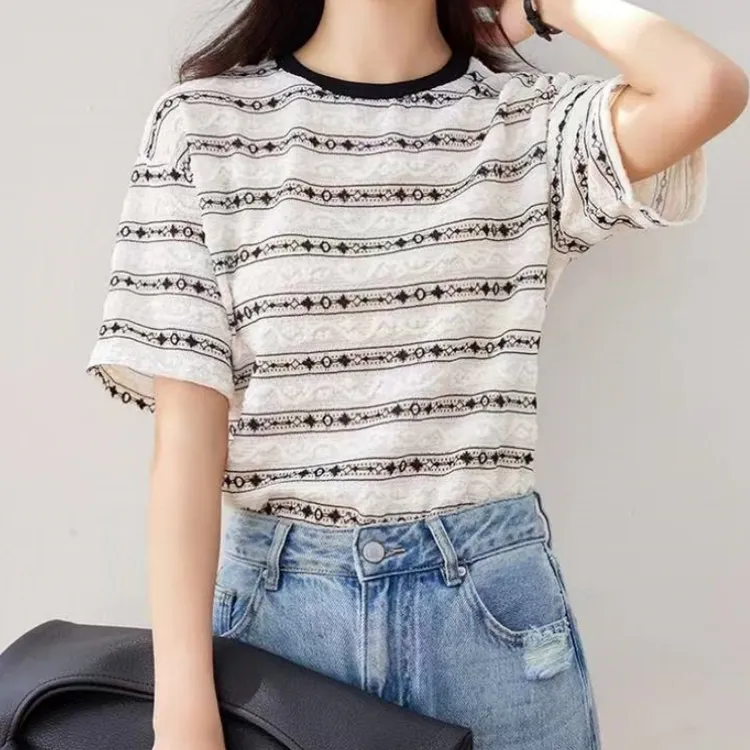 2025春季条纹时尚休闲百搭T恤简约镂空圆领短袖LK2502722