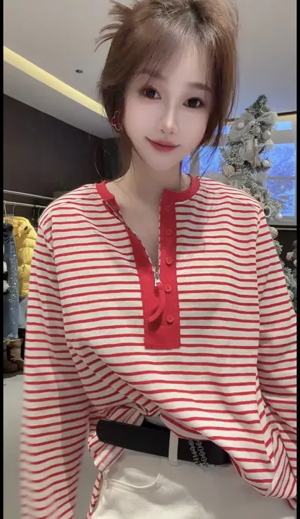 韩系条纹条纹半拉链长袖T恤女春季设计感修身显瘦薄款百搭上衣潮