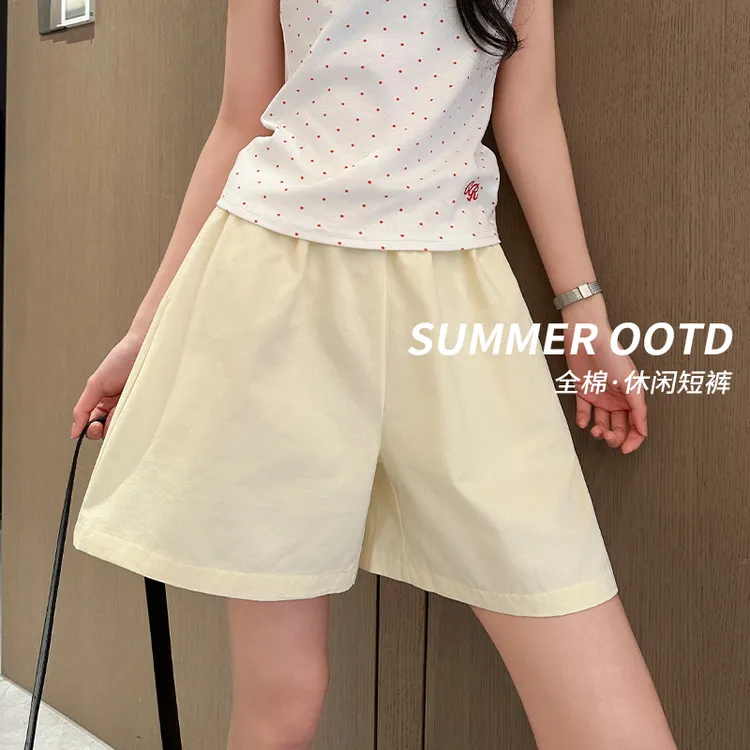 慵懒全棉短裤子女夏季松紧高腰显瘦阔腿裤百搭宽松直筒薄款休闲裤