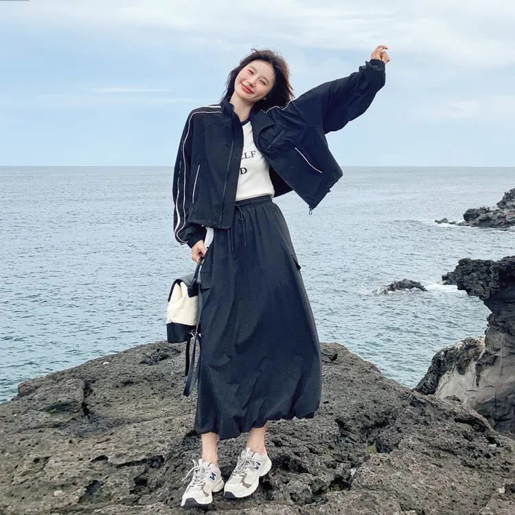 工装风套装裙女小个子2024秋新款韩版学院风长袖开衫半身裙两件套