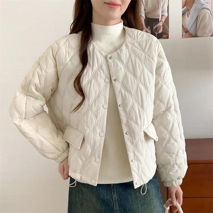 韩版菱形格小棉衣外套女纯色洋气减龄简约轻薄棉服2025秋冬季新款