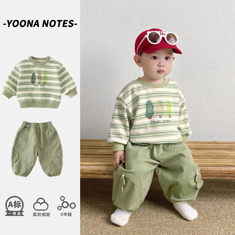 男宝宝衣服秋装条纹卫衣新款套装幼小童春秋季卡通可爱洋气两件套