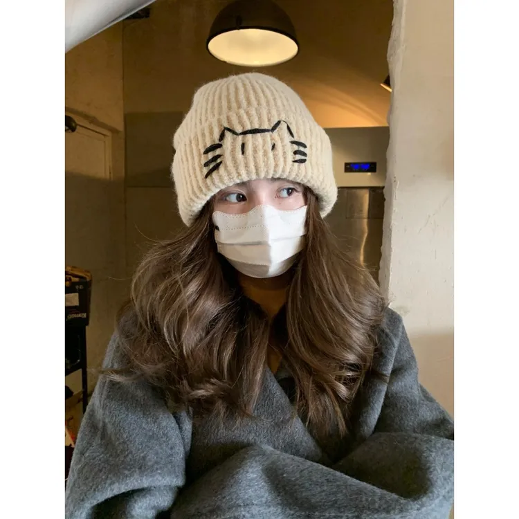 可爱小猫咪毛线帽子女秋冬新款显脸小保暖护耳针织帽男百搭加厚