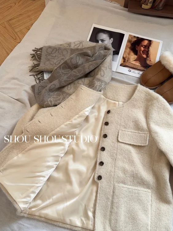 【瘦瘦】大码圆领气质廓形高级优雅百搭小香风毛呢外套S02226