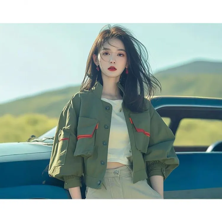 奥莱折扣店品牌撤柜早秋独特短外套女韩系宽松绿色飞行员早秋套装