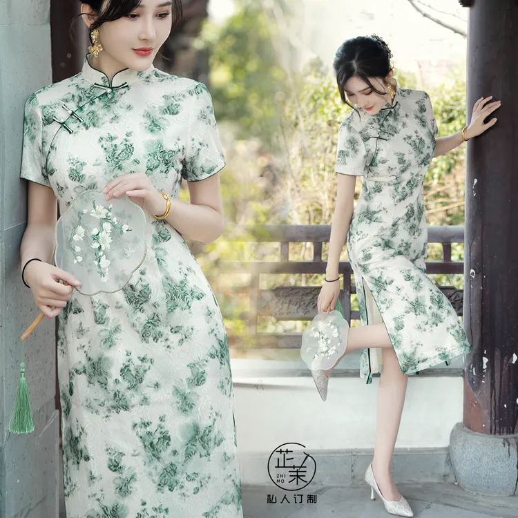 【青木秋】绿色旗袍2025新款夏季新中式改良高端气质连衣裙高考送考