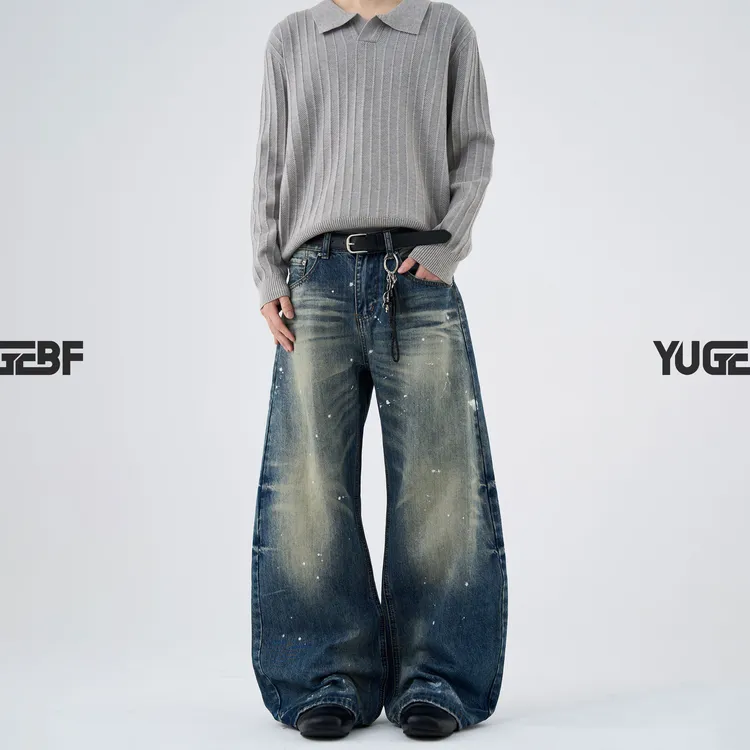 YUGEBF美式高街水洗做旧泼墨弯刀牛仔裤男女新款痞帅宽松显瘦裤子