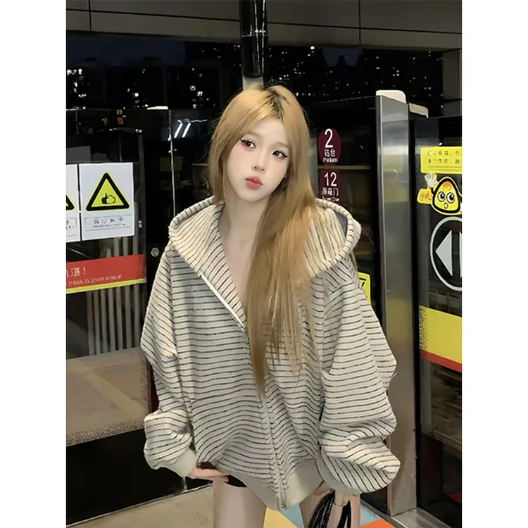 杏色条纹连帽开衫卫衣男款秋季韩系慵懒松弛感外套设计感拉链帽衫