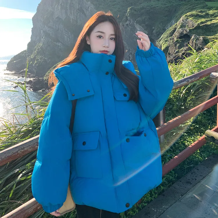 克莱因蓝色连帽羽绒服女2025年冬季韩系宽松百搭休闲90白鸭绒外套