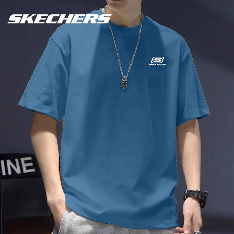斯凯奇短袖T恤男2025夏季新款潮宽松蓝色男士运动休闲衣服半袖男