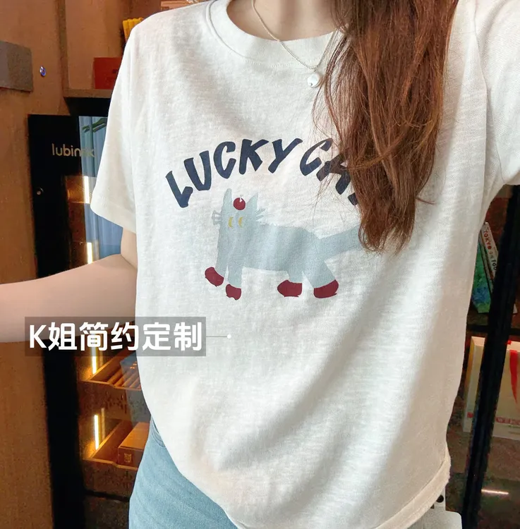 GTNER"KK定制"字母猫咪印花短袖T恤夏季薄款麻感棉宽松上衣D1911