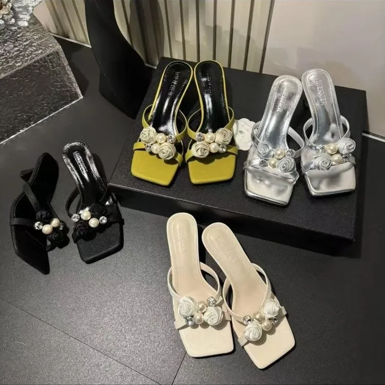 2025夏季新款玫瑰花小珍珠时尚百搭外穿小众设计款爆款凉拖-5CM