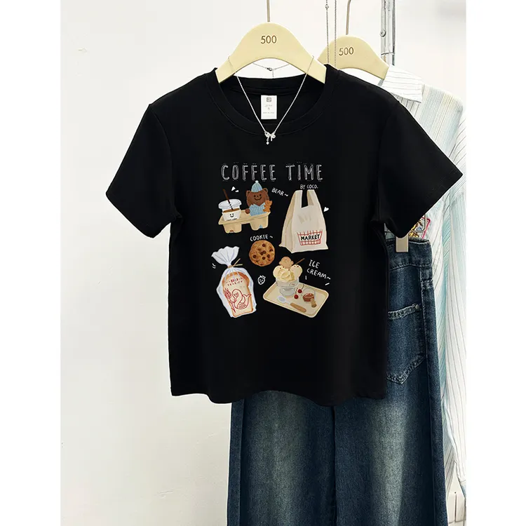 正肩大码胖mm短袖t恤女夏新款韩版小众圆领趣味印花t恤短袖女t恤