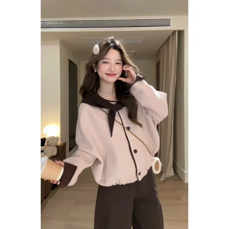 秋冬新款设计感撞色保暖外套2025百搭宽松休闲妮子上衣