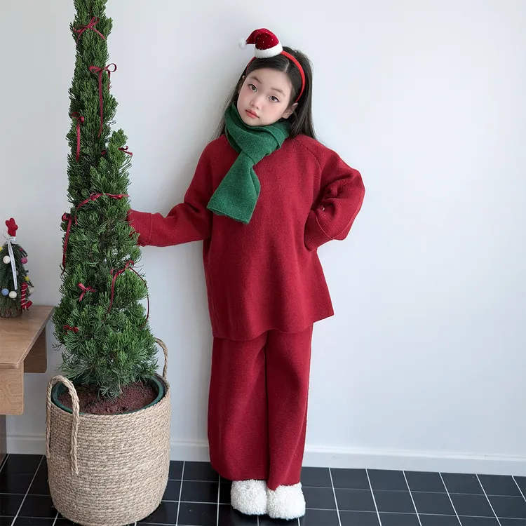 红色拜年服女童套装2026新款女孩冬装本命年针织毛衣儿童新年衣服