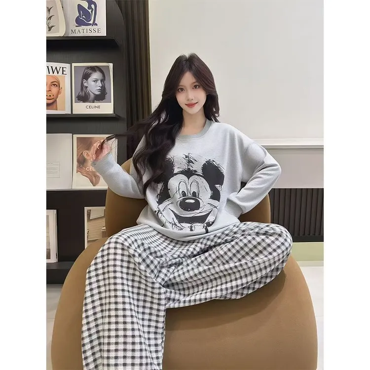 睡衣女纯棉100%全棉秋冬带胸垫一体式可外穿米奇卡通家居服套装
