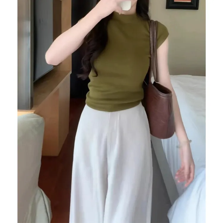 法式气质半高领绿色正肩冰丝针织短袖T恤女夏季修身坎肩无袖上衣