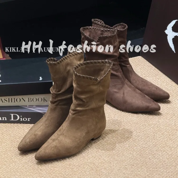 2025秋季新款复古棕色粗跟西部靴宽筒中筒靴尖头绒面短靴女舒适
