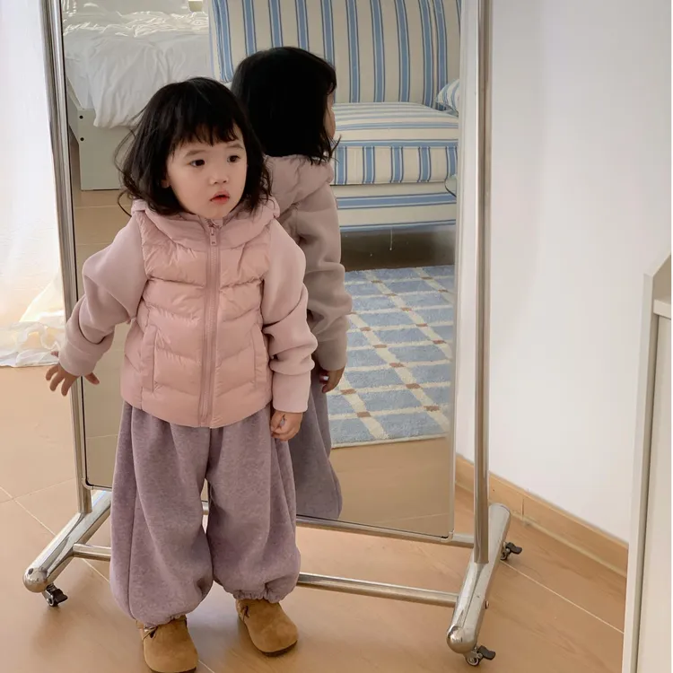 甜小七女童2025秋冬新款韩版可爱连帽拼接保暖外套束脚裤套装
