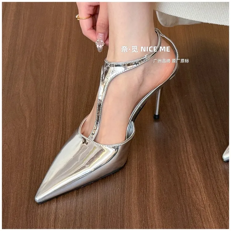 【千金】NICE ME~ 清冷高级~银色尖头高跟鞋女后空凉鞋法式宴会风