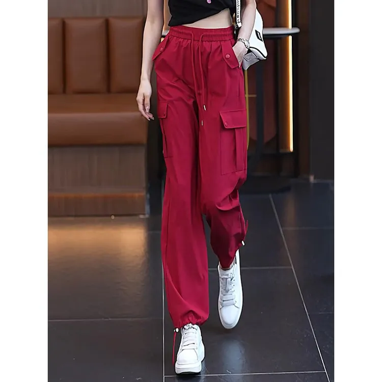 夏季薄款红色工装裤子女2025新款高个子宽松休闲运动户外直筒女裤
