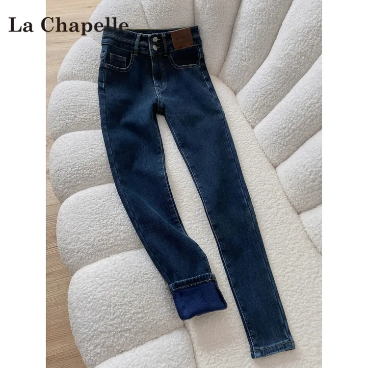 拉夏贝尔高腰加绒小脚牛仔裤女2025年秋冬新款辣妹收腹显瘦铅笔裤