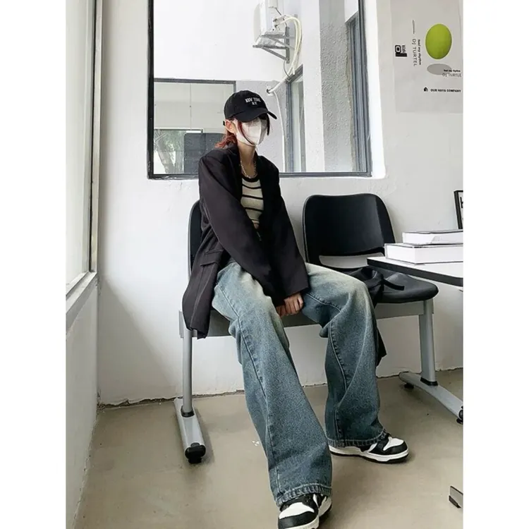 6688 （新款年货）美式复古阔腿牛仔裤高腰显瘦做旧水洗拖地长裤