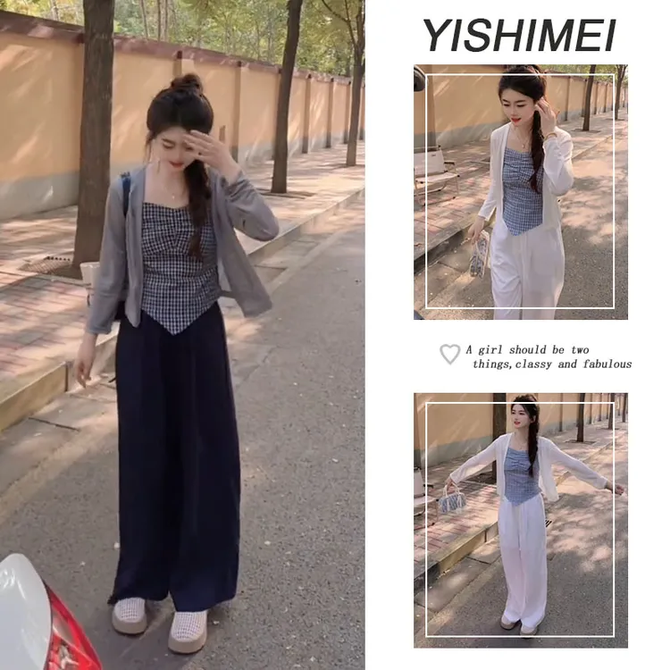 2025女夏休闲韩系防晒针织开衫外套设计感格子吊带垂感阔腿裤套装