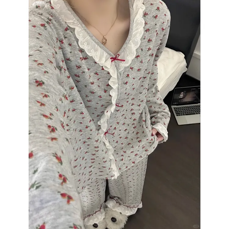 法式甜美小碎花荷叶边睡衣女2026春秋新款大码亲肤舒适家居服套装