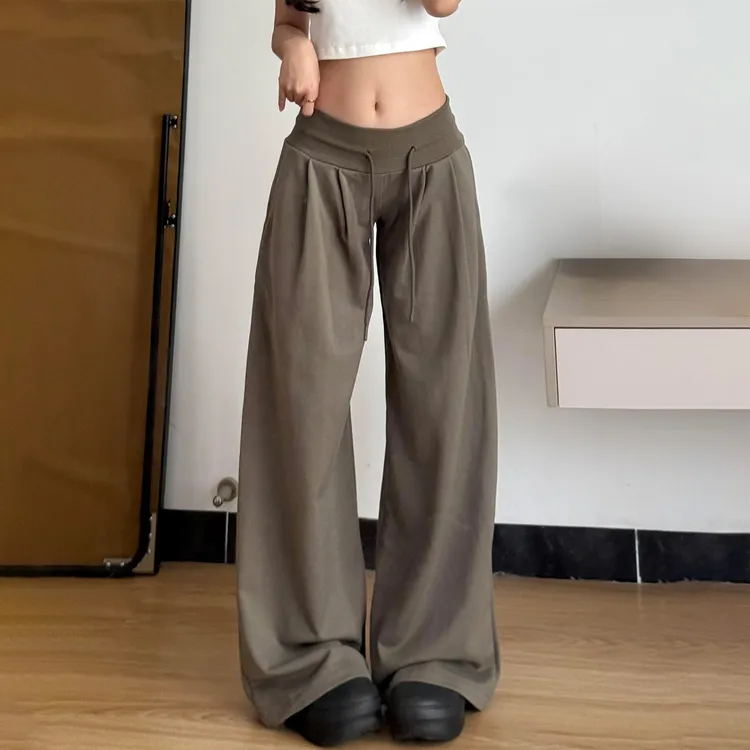 美式垂感慵懒风直筒休闲裤女秋季大码胖mm小个子宽松显瘦阔腿卫裤