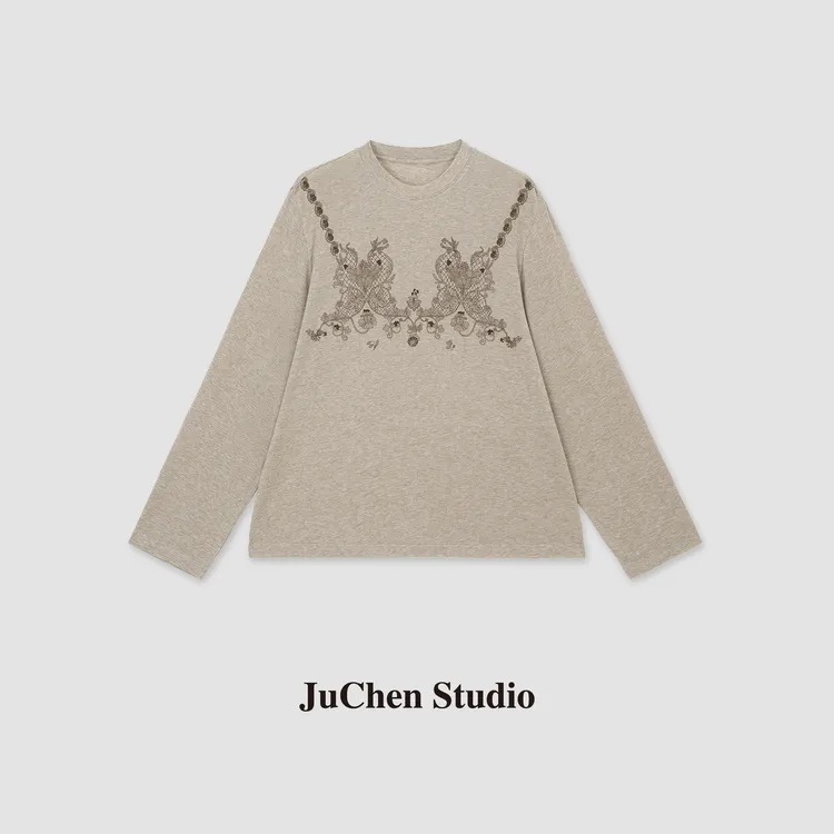 LIBOSHU“塞纳花房”软糯丝毛弹力显瘦VTG蕾丝印花圆领长袖SS023662