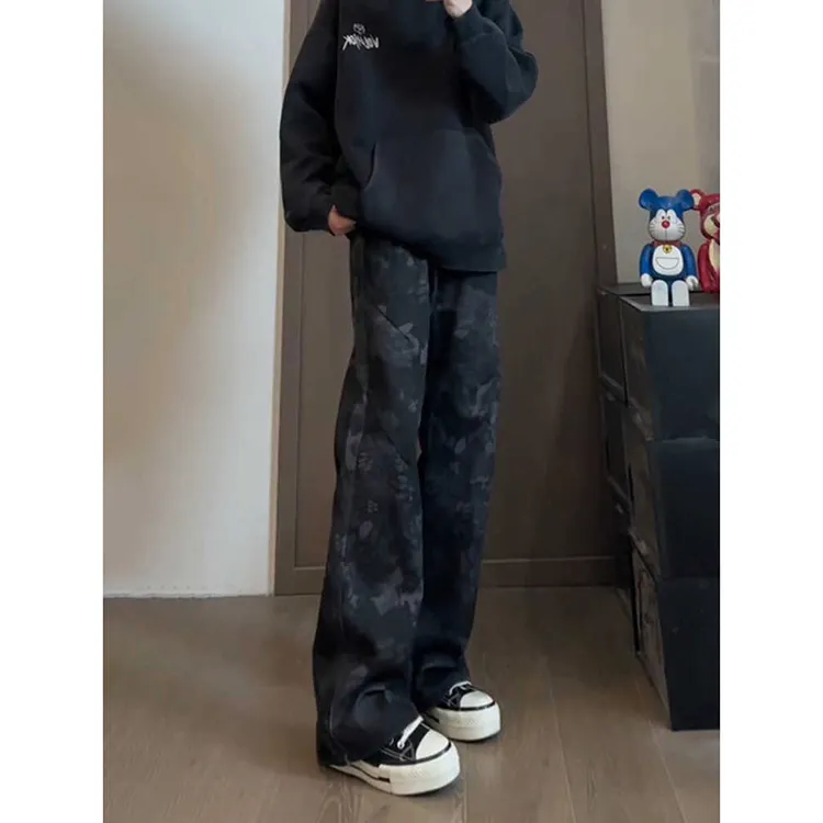 美式高街蛇纹提花牛仔裤男款春秋ootd穿搭弯刀裤子直筒修身微喇裤