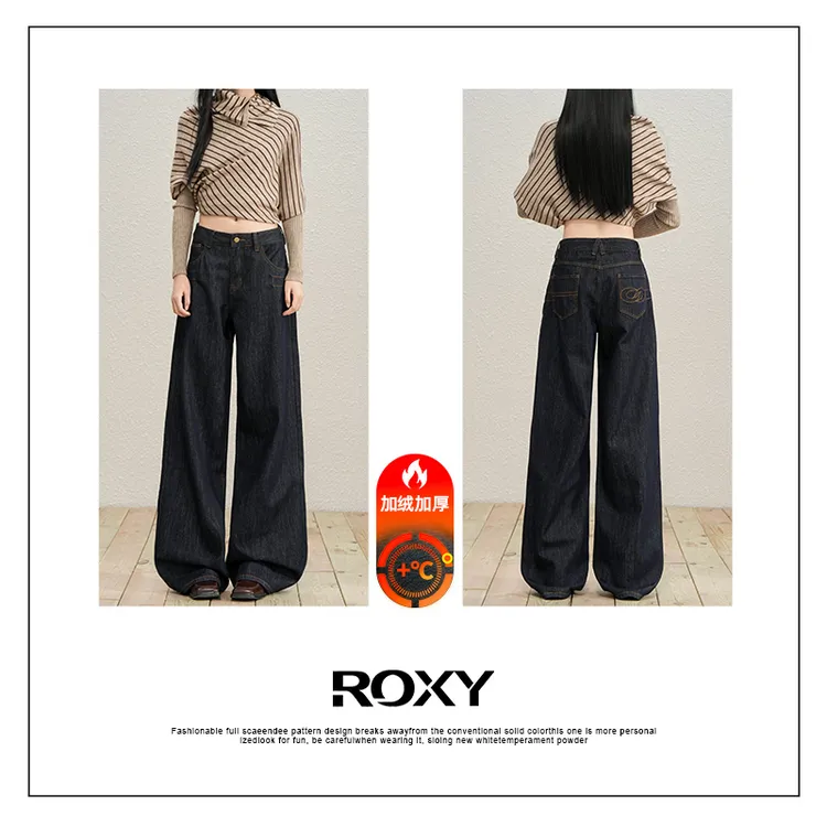 Roxy秋冬丹宁美式加绒加厚宽松直筒牛仔裤女绣花垂感阔腿裤子