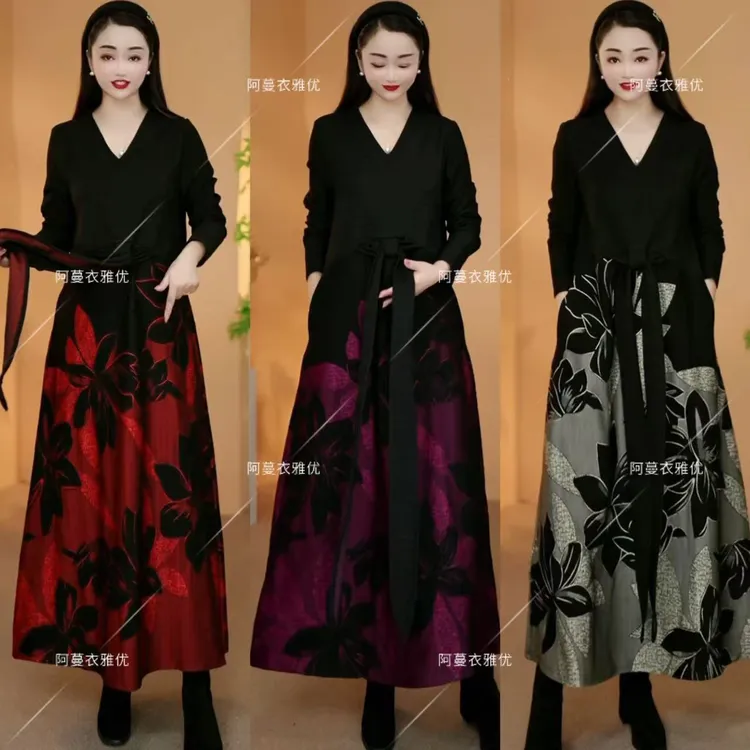 【衣雅严选】8189-2502#新款加厚云锦丝浮雕定位花大版加长连衣裙