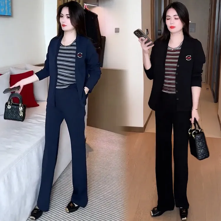 休闲时尚套装女士2025秋季洋气显瘦长袖开衫条纹背心阔腿裤两件套