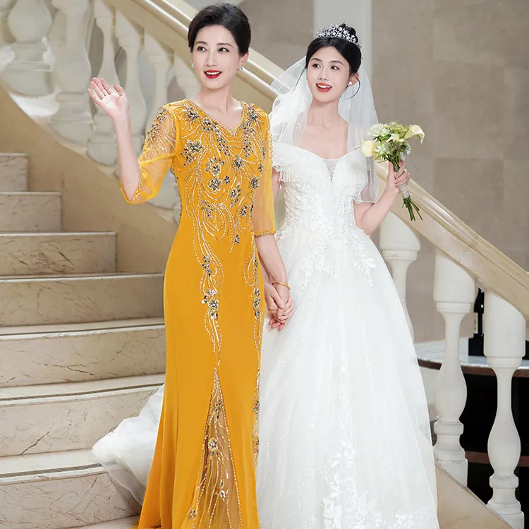 5991高端轻奢喜妈妈婚宴装礼服重工端庄结婚走秀主持人鱼尾礼服裙