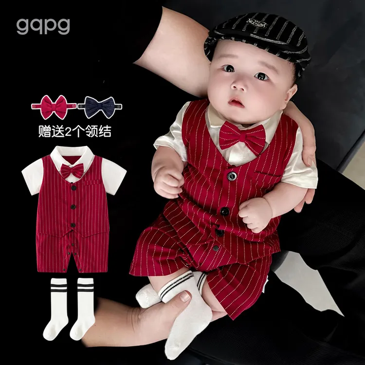 婴儿满月服百天日一周岁礼服男宝宝小少爷服抓周连体衣春秋夏季装