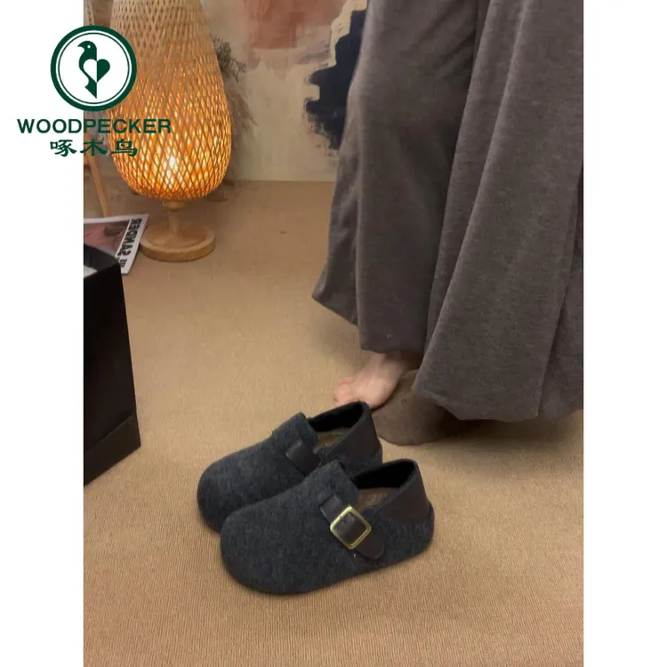 啄木鸟两穿勃肯鞋女2025冬季新款毛呢厚底百搭毛毛鞋加绒保暖棉鞋