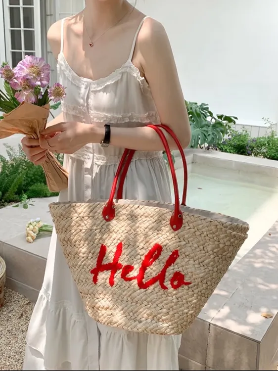 网红爆款刺绣玉米皮草编包海边度假手提单肩大容量时尚潮流草编包