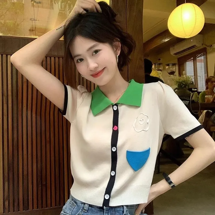 撞色拼接修身显瘦冰丝针织短袖正肩t恤女短款polo领上衣小个子夏