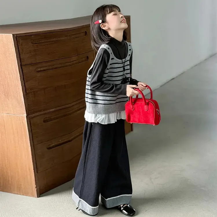 女童套装春秋季网红女大童针织吊带牛仔裤休闲装超好看秋装三件套